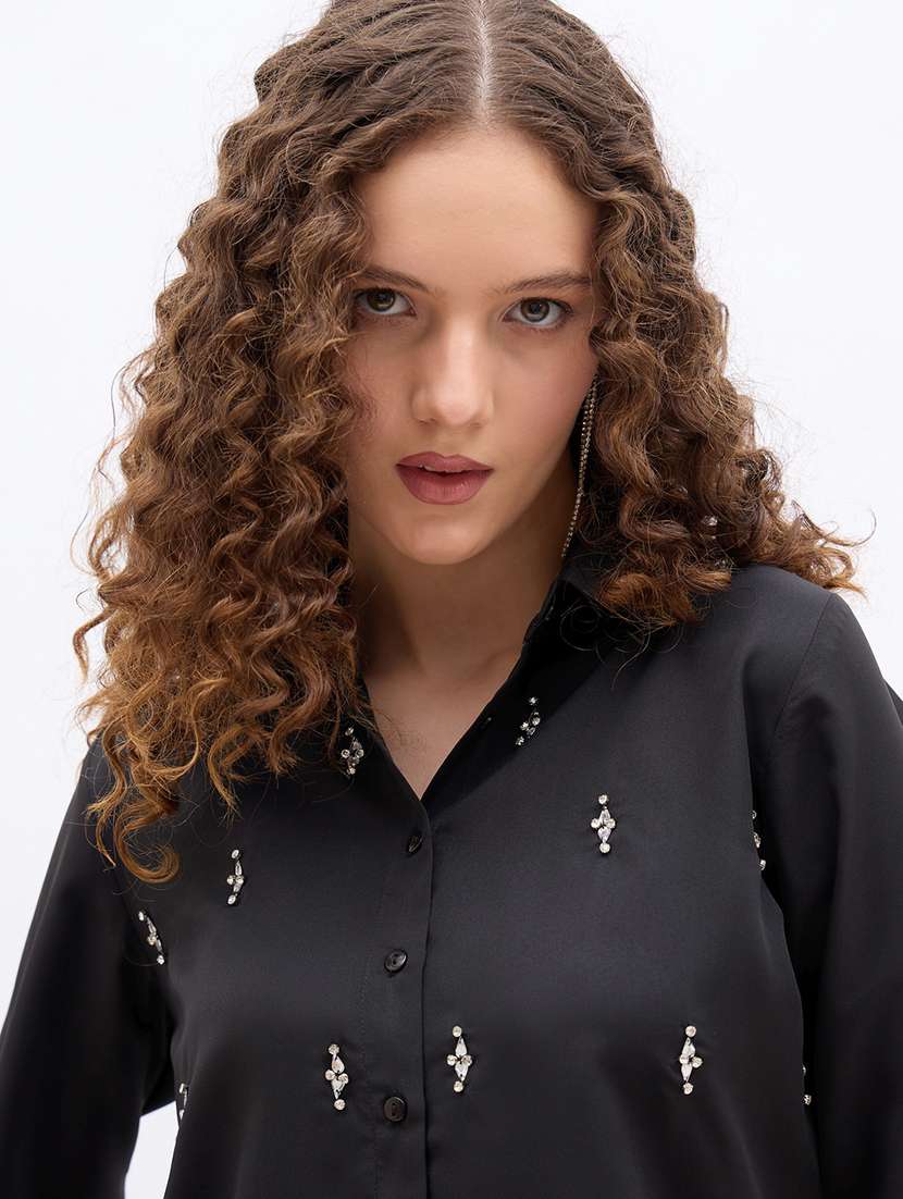 women emebllished collared long sleeve regular shirt - 22176586 -  Standard Image - 4