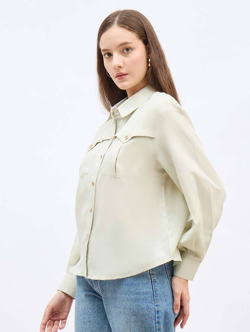 women solid collared long sleeve regular shirt - 22176588 -  Standard Image - 1
