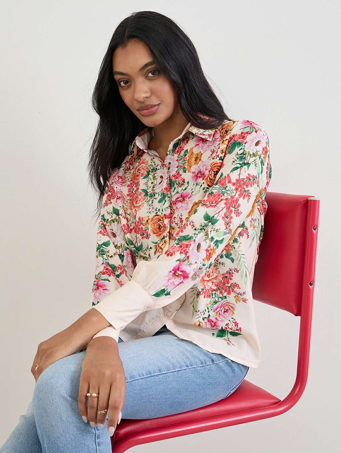 women floral print collared long sleeve regular shirt