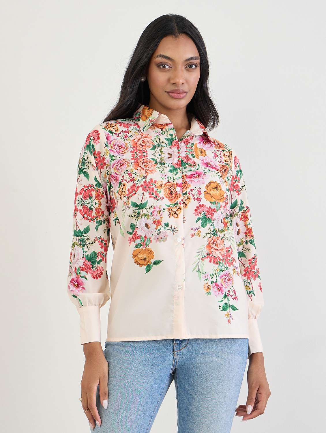 women floral print collared long sleeve regular shirt - 22176590 -  Standard Image - 1