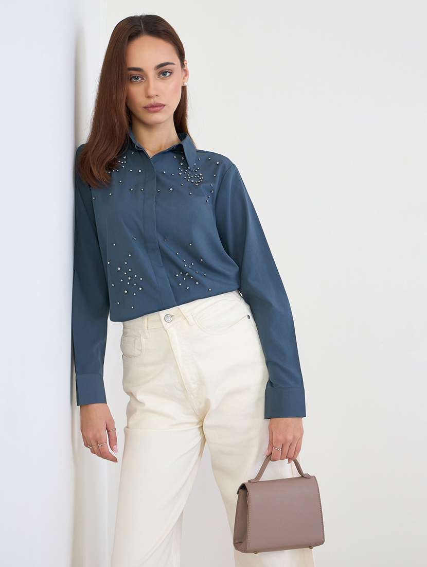 women embellished collared long sleeve regular shirt - 22176591 -  Standard Image - 1