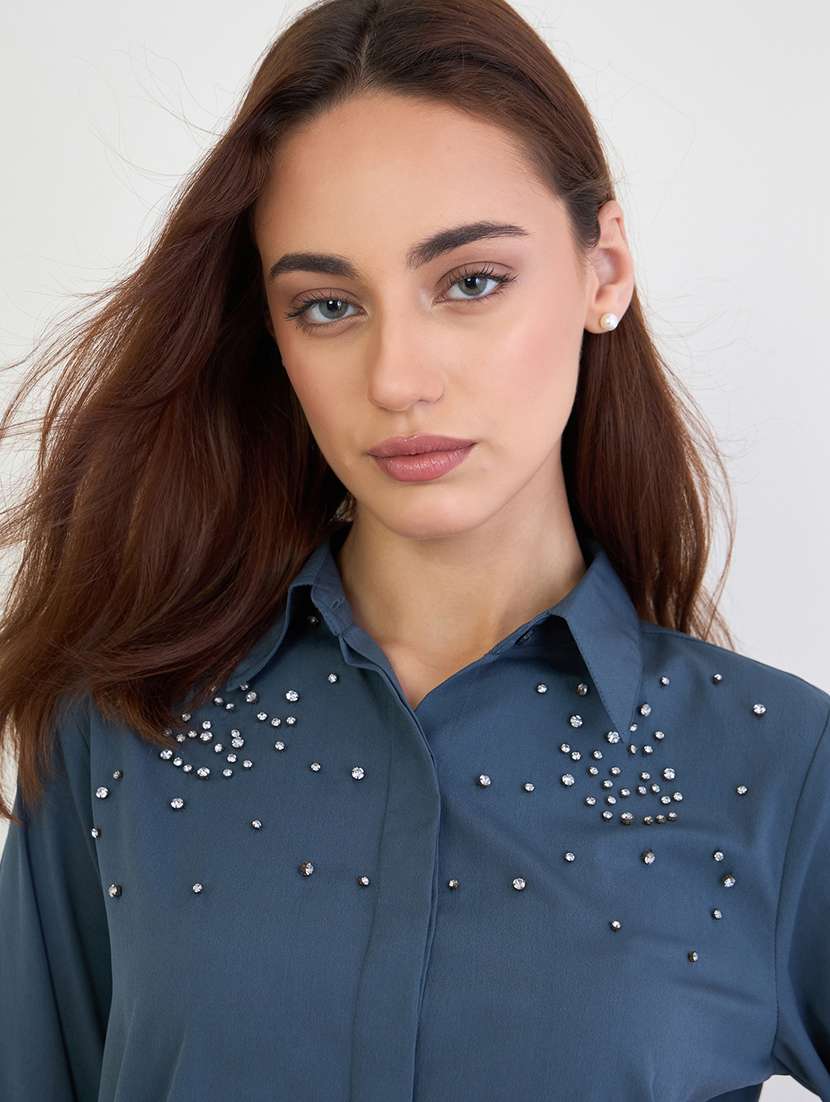 women embellished collared long sleeve regular shirt - 22176591 -  Standard Image - 4