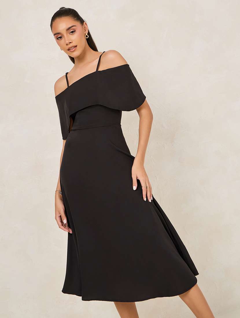 women black solid off shoulder strap a-line dress