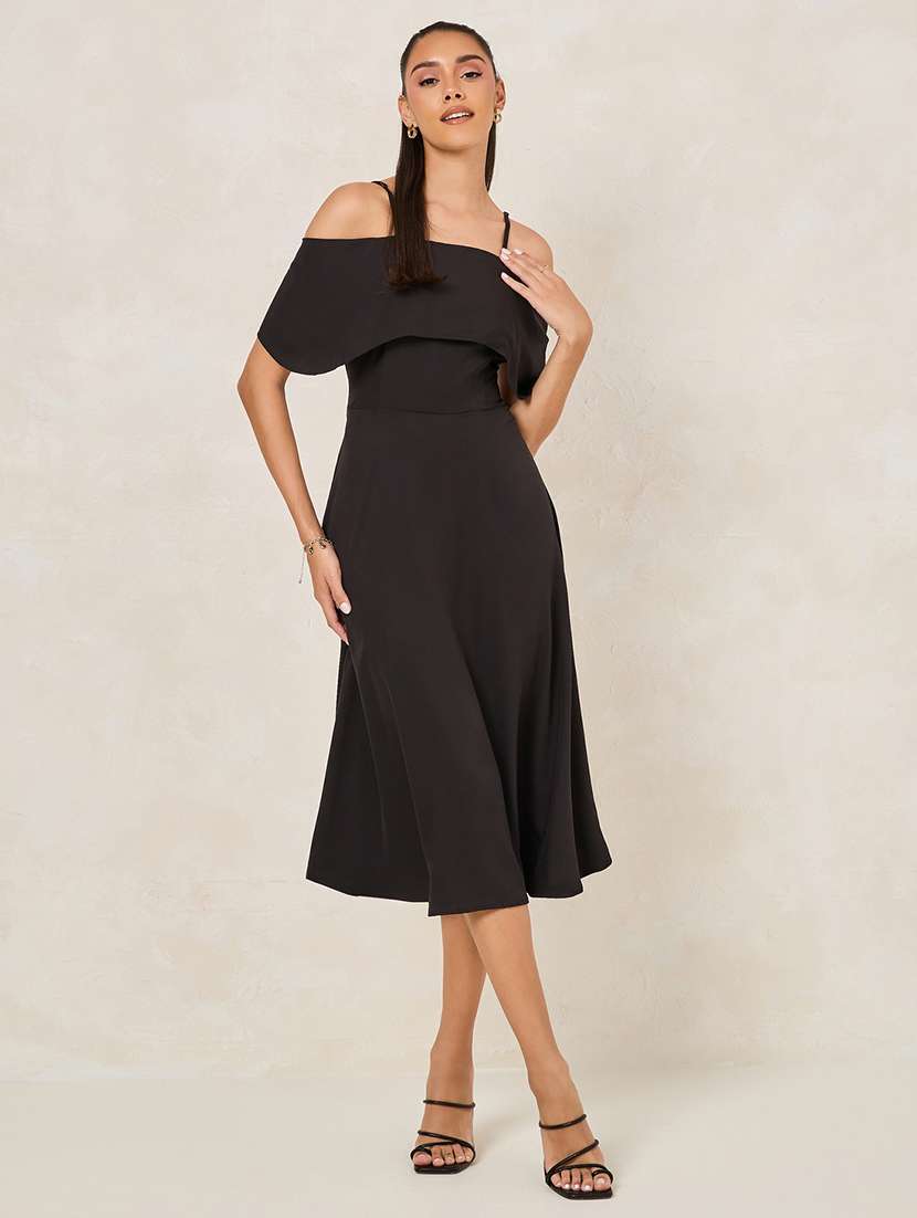 women black solid off shoulder strap a-line dress - 22176593 -  Standard Image - 1