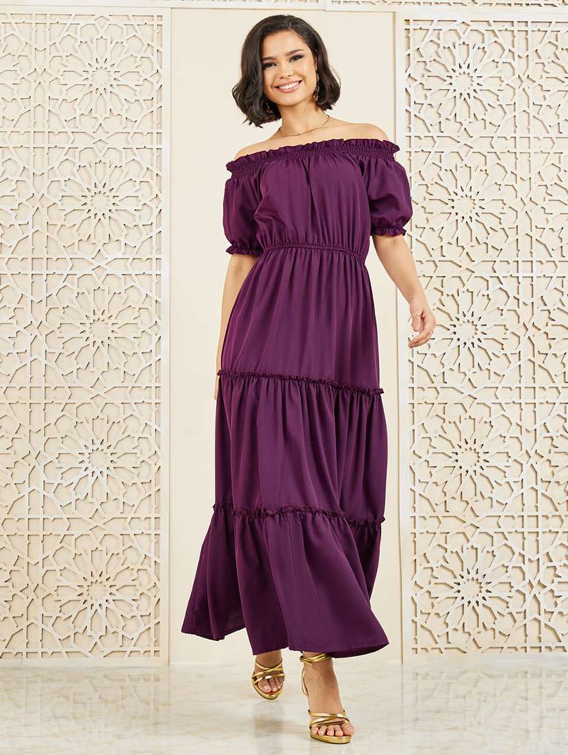 women purple solid off shoulder tiered dress - 22176594 -  Standard Image - 1