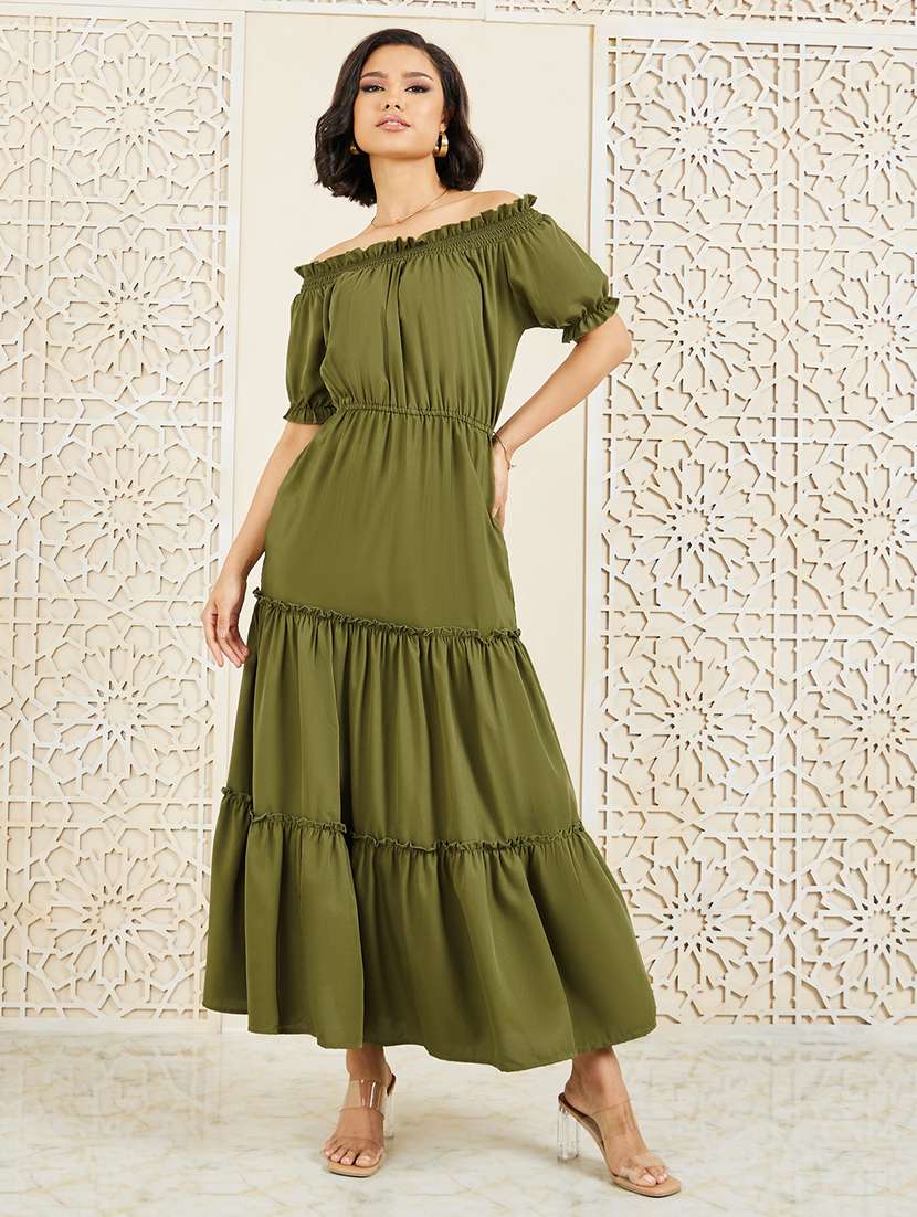 women olive solid off shoulder tiered dress - 22176595 -  Standard Image - 1