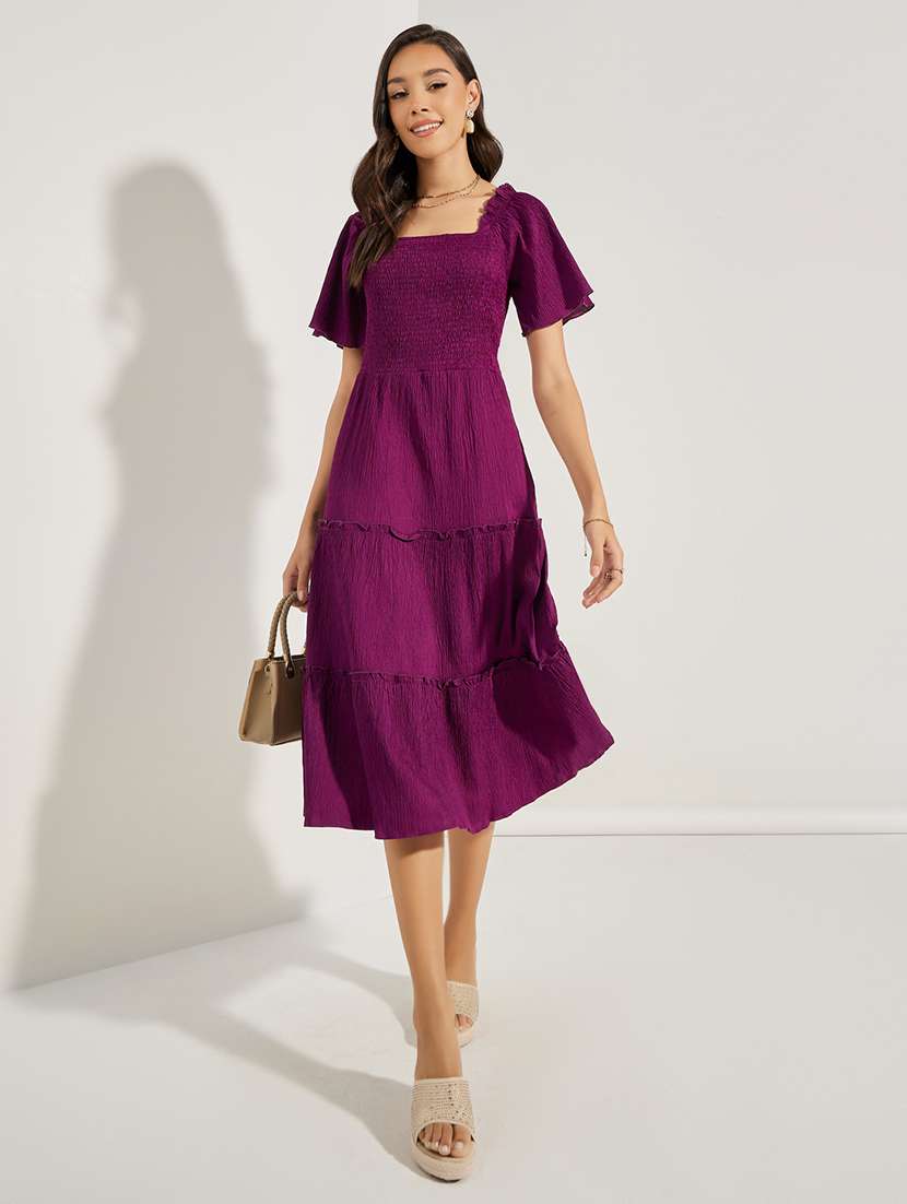 women solid puff sleeve tiered dress - 22176598 -  Standard Image - 1