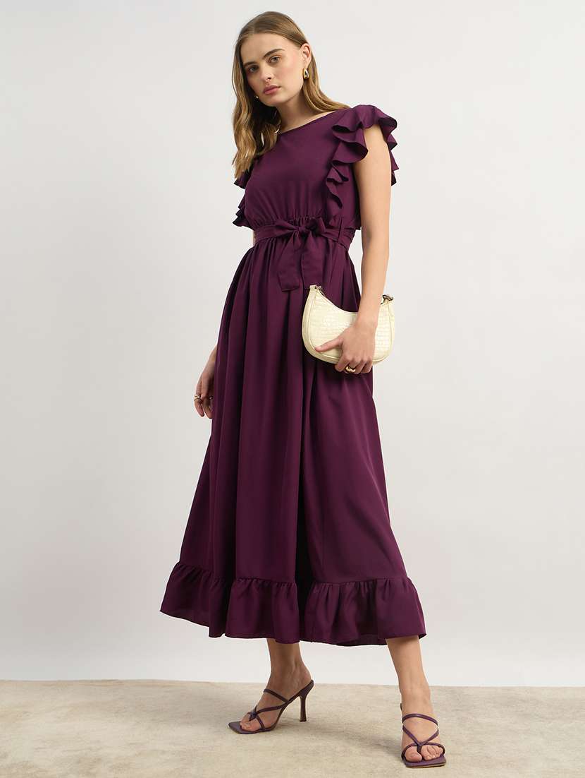 women solid round neck tiered dress