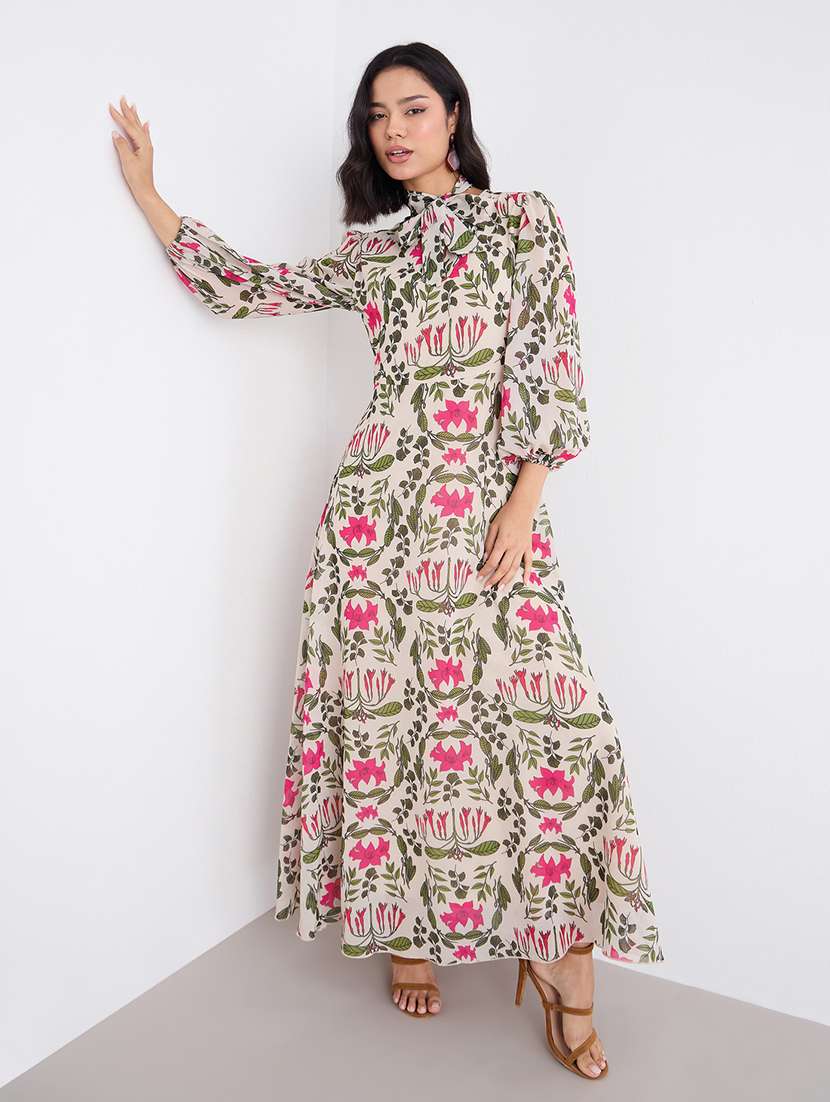women printed tie up neck fit and flare dress