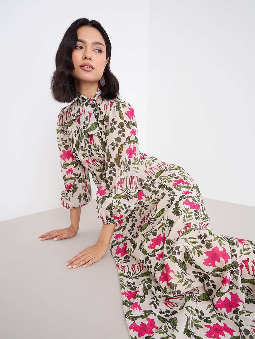 women printed tie up neck fit and flare dress - 22176618 -  Standard Image - 1