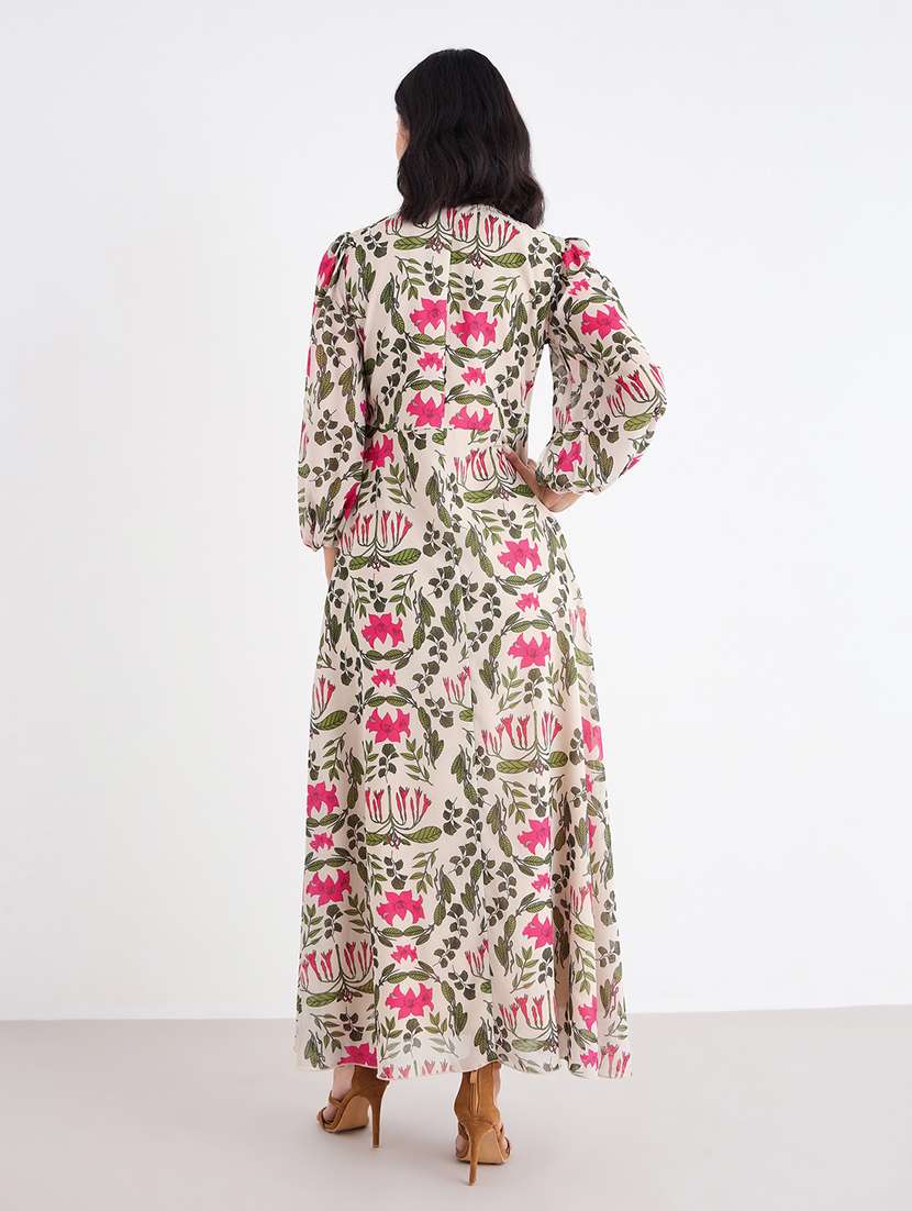 women printed tie up neck fit and flare dress - 22176618 -  Standard Image - 4