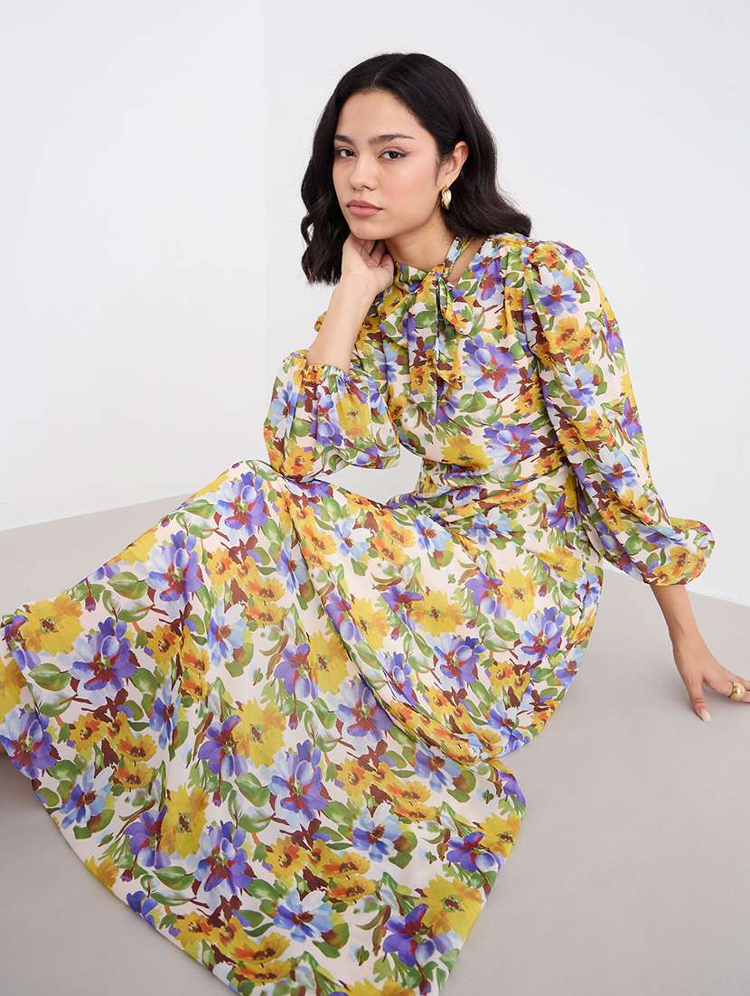 women printed tie up neck fit and flare dress - 22176619 -  Standard Image - 1