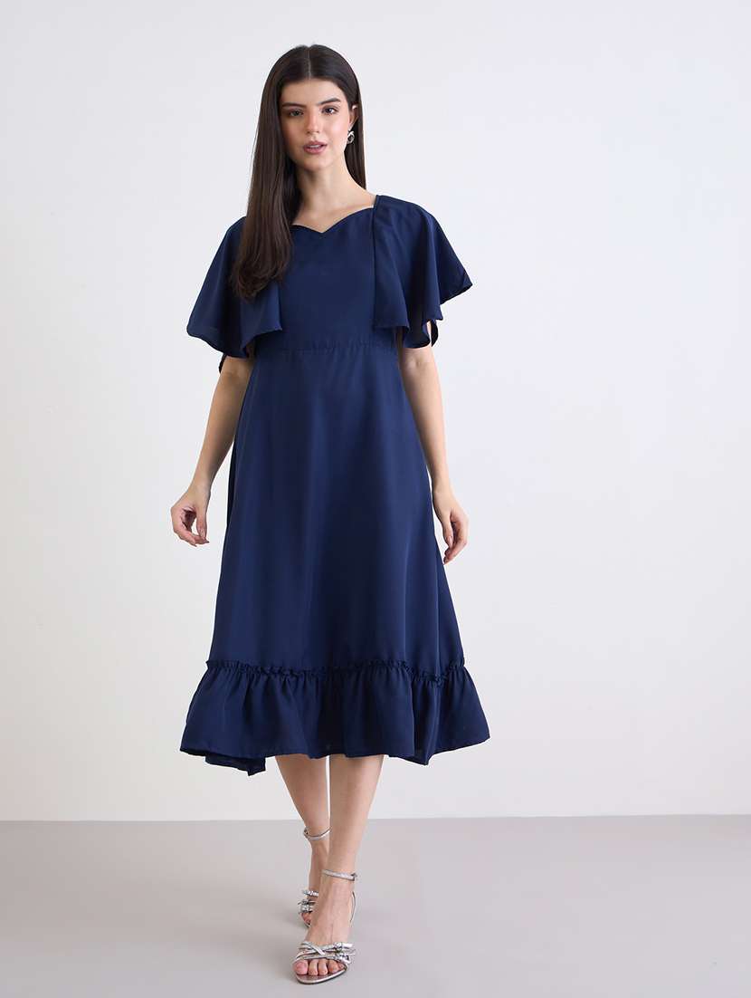 women solid flared sleeves tiered dress