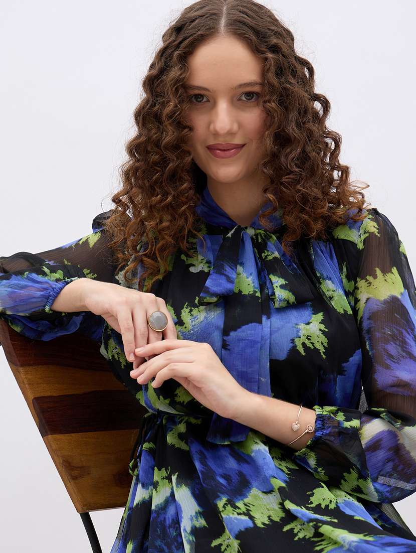 women printed tie up neck asymmetric dress - 22176631 -  Standard Image - 1