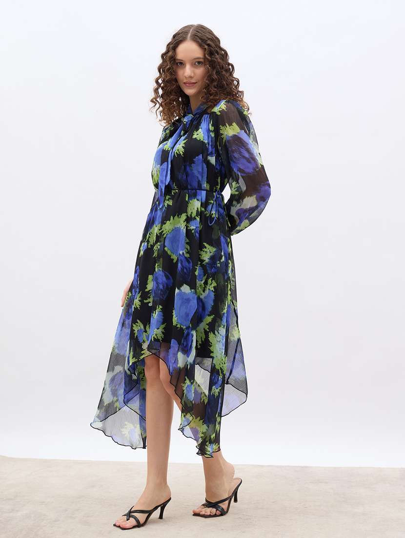 women printed tie up neck asymmetric dress - 22176631 -  Standard Image - 4
