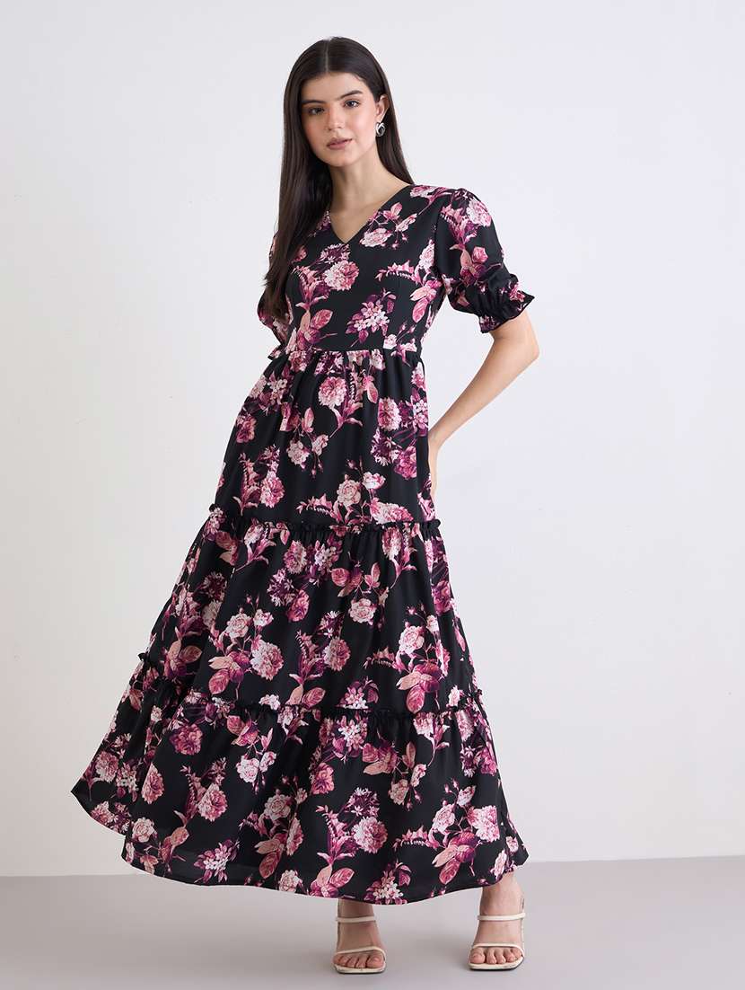 women printed v neck tiered dress