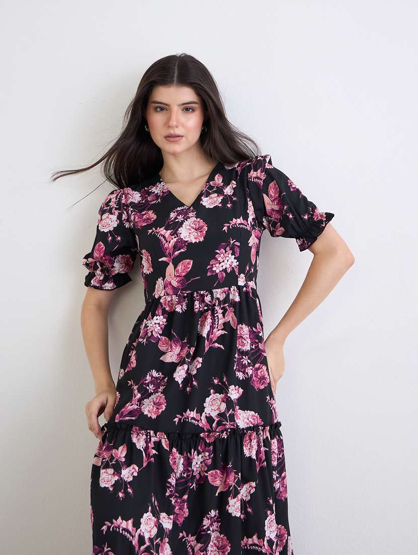 women printed v neck tiered dress - 22176633 -  Standard Image - 1