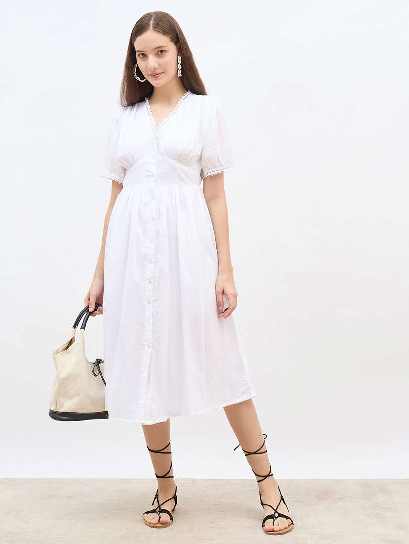 women solid v neck a-line dress