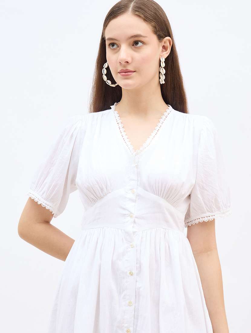 women solid v neck a-line dress - 22176658 -  Standard Image - 1