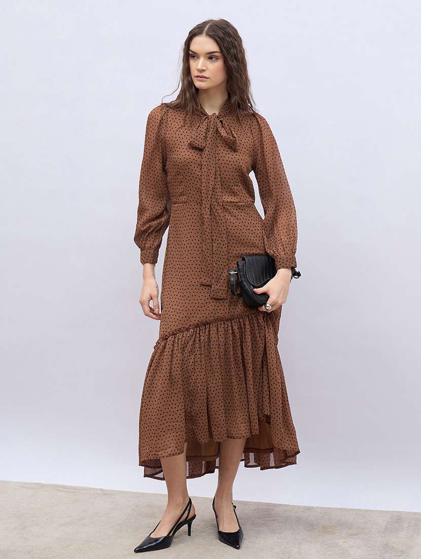women printed tie up neck tiered dress