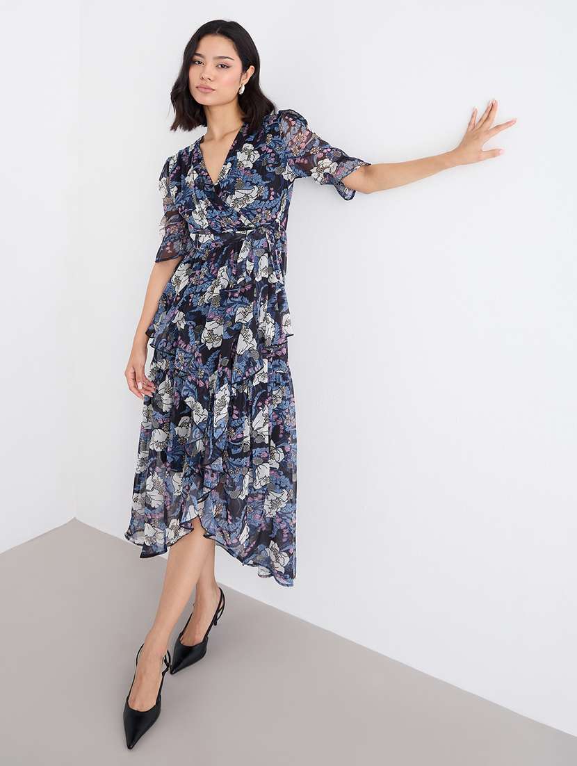women printed overlap neck high low dress