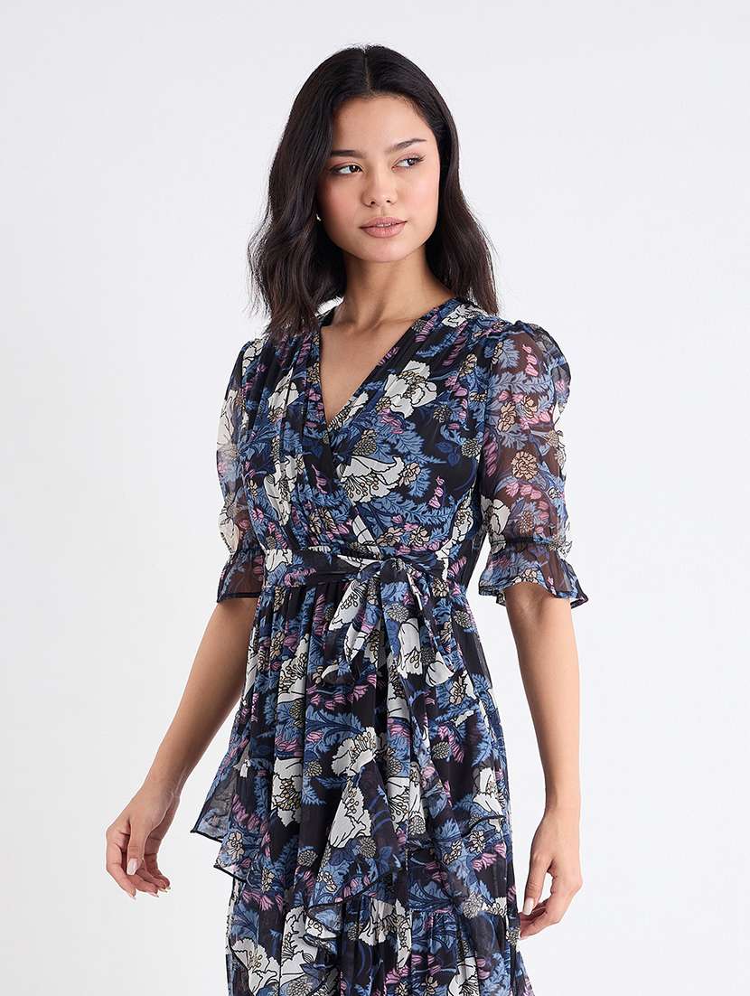 women printed overlap neck high low dress - 22176680 -  Standard Image - 1