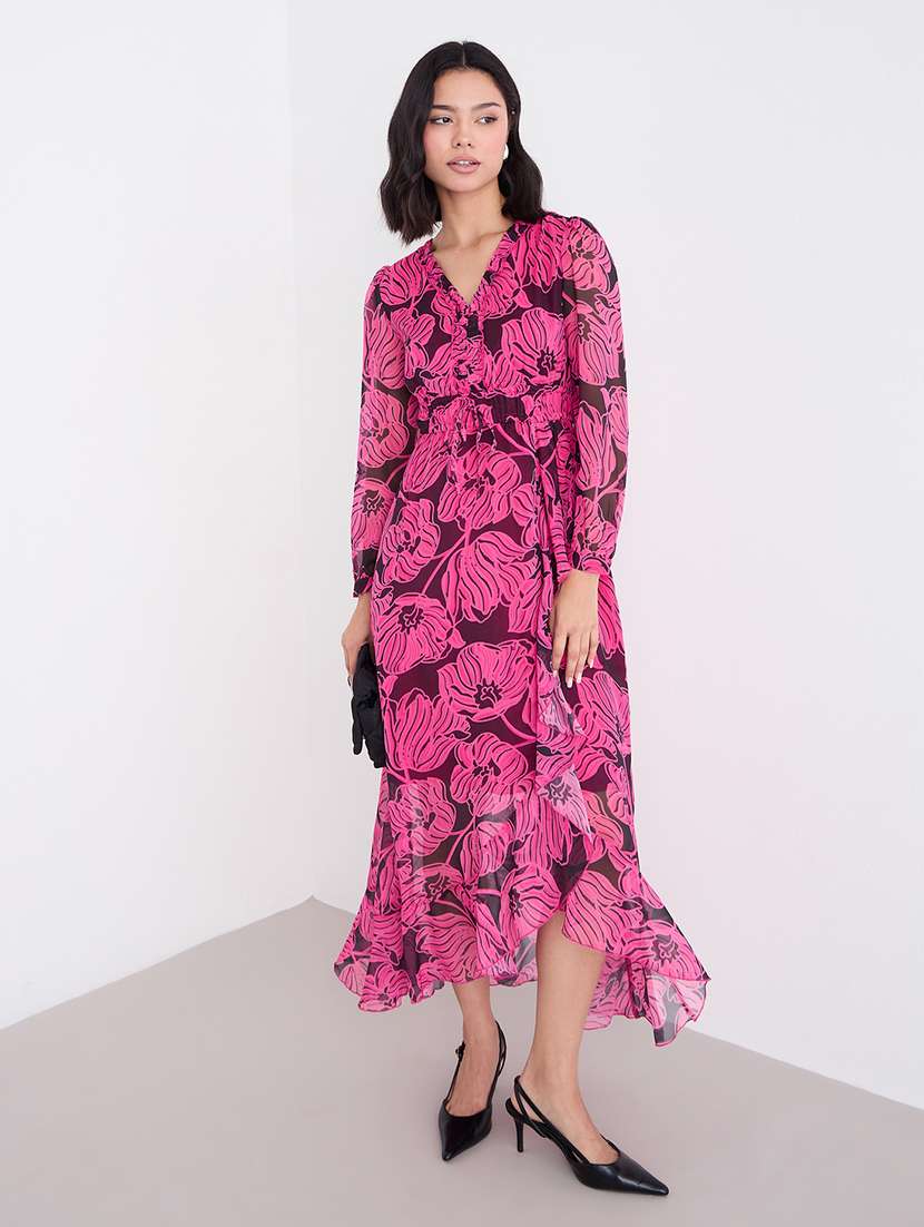 women printed overlap neck high low dress