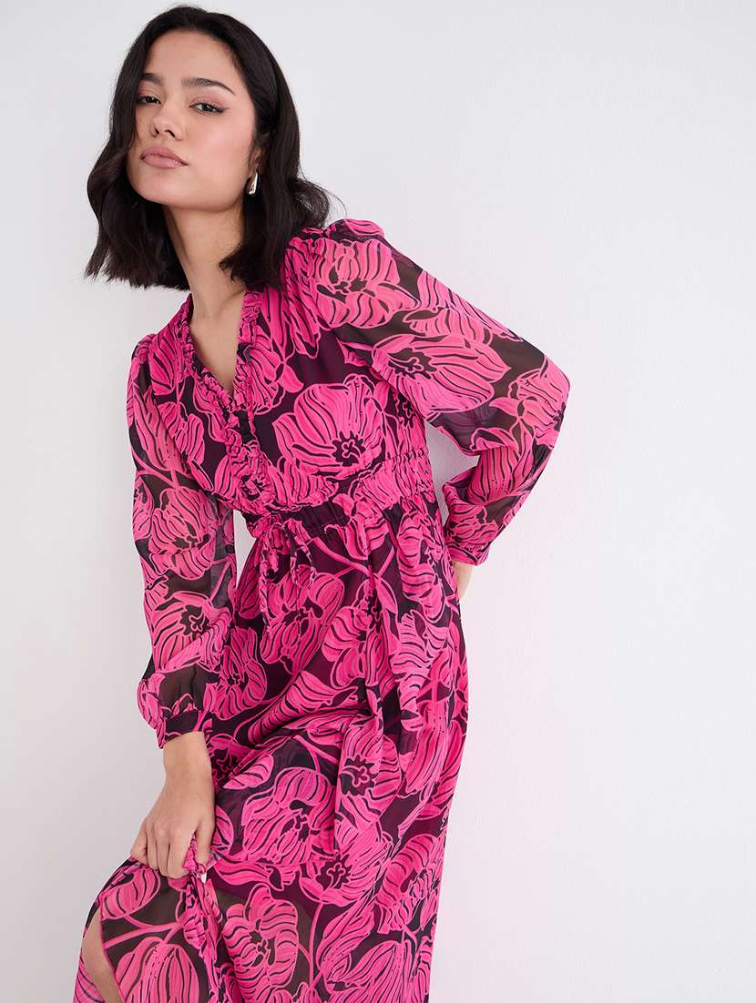 women printed overlap neck high low dress - 22176682 -  Standard Image - 1