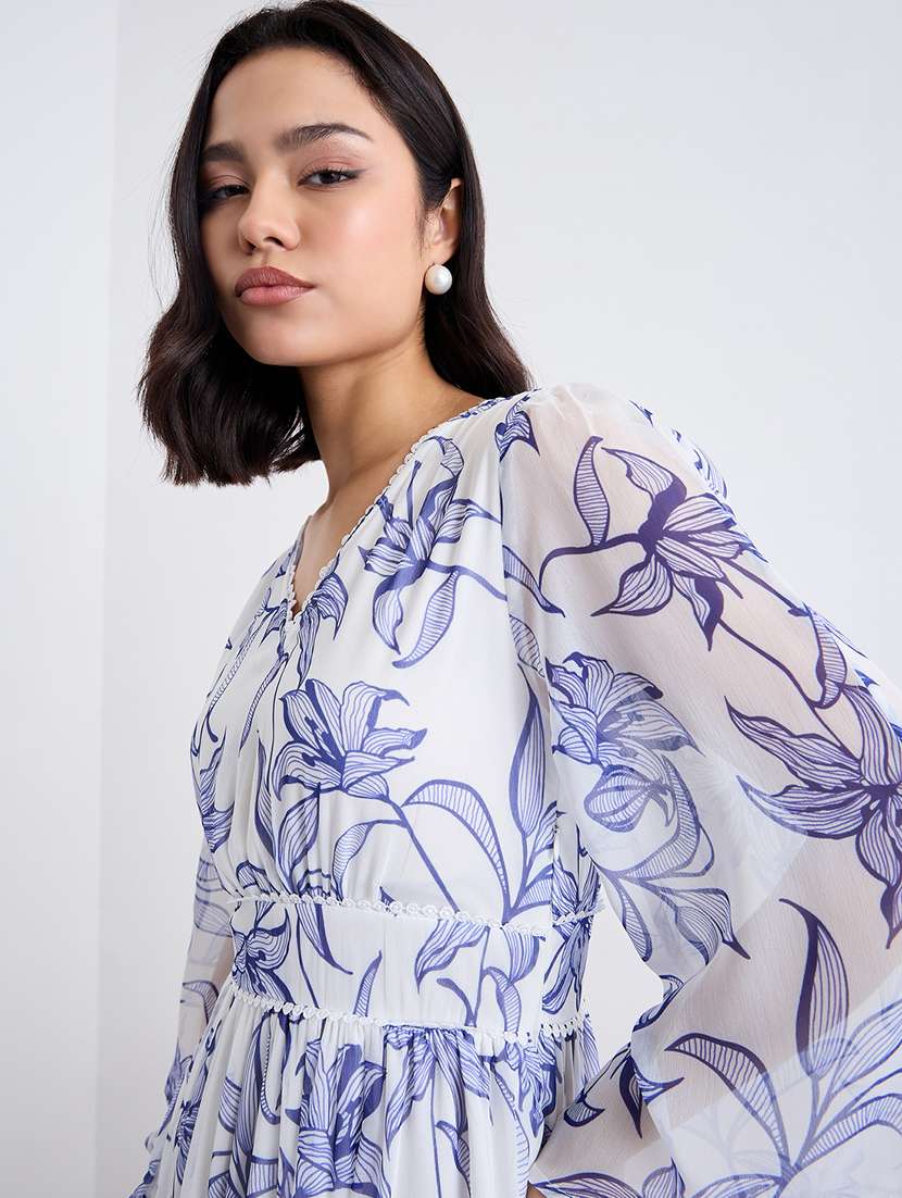 women printed v neck fit and flare dress - 22176683 -  Standard Image - 1