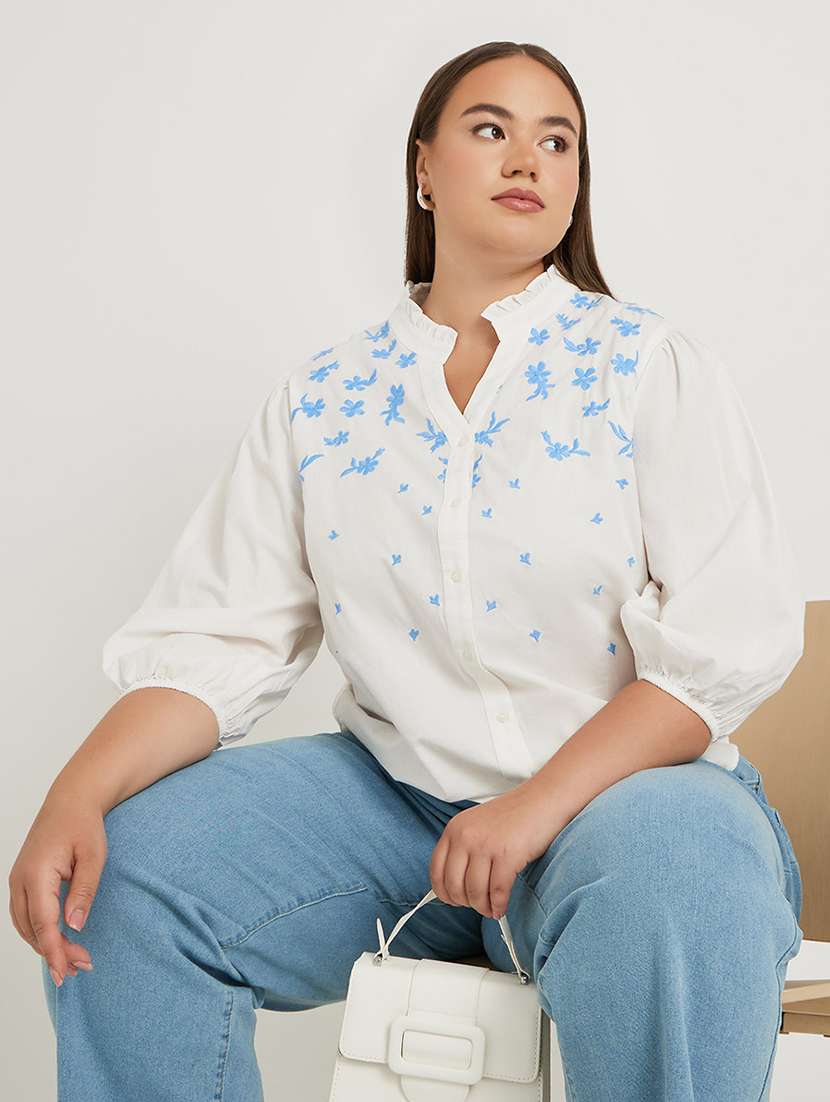 women plus size embroidered puff sleeve top