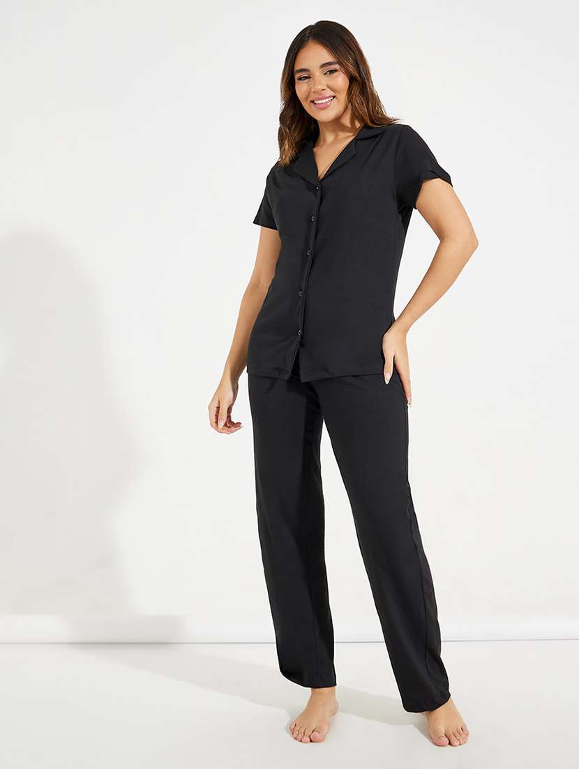 women solid short sleeve nightwear pyjma set