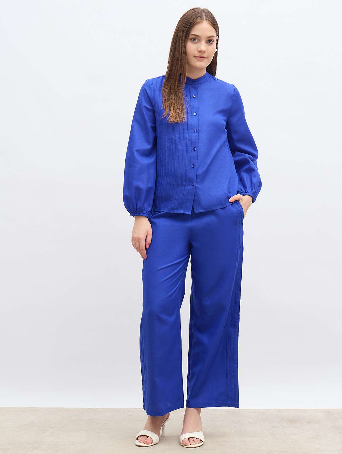 women solid shirt and trouser co-ord set - 22176785 -  Standard Image - 1