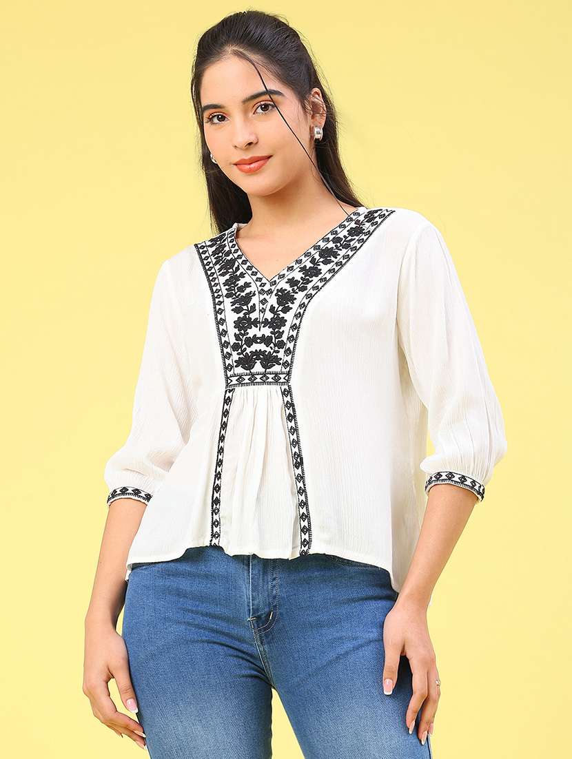 women solid with work three quarter sleeve top - 22176971 -  Standard Image - 1