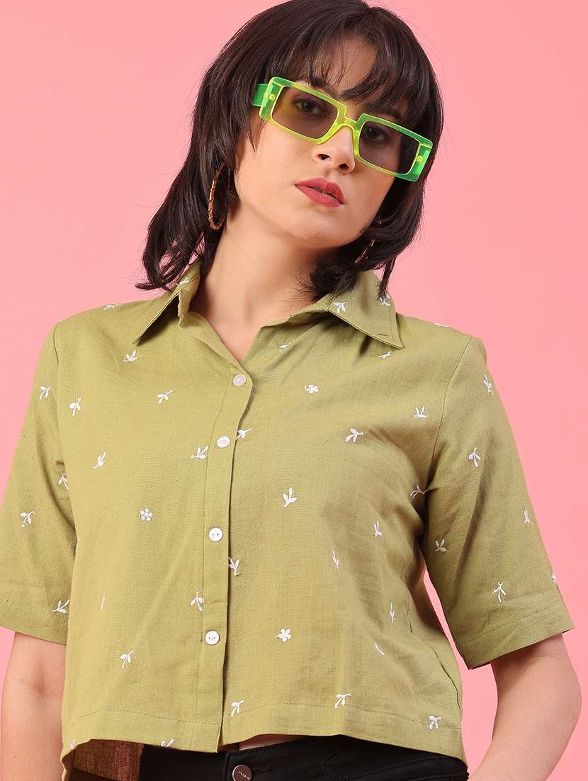 women solid with work collared crop shirt - 22176972 -  Standard Image - 1