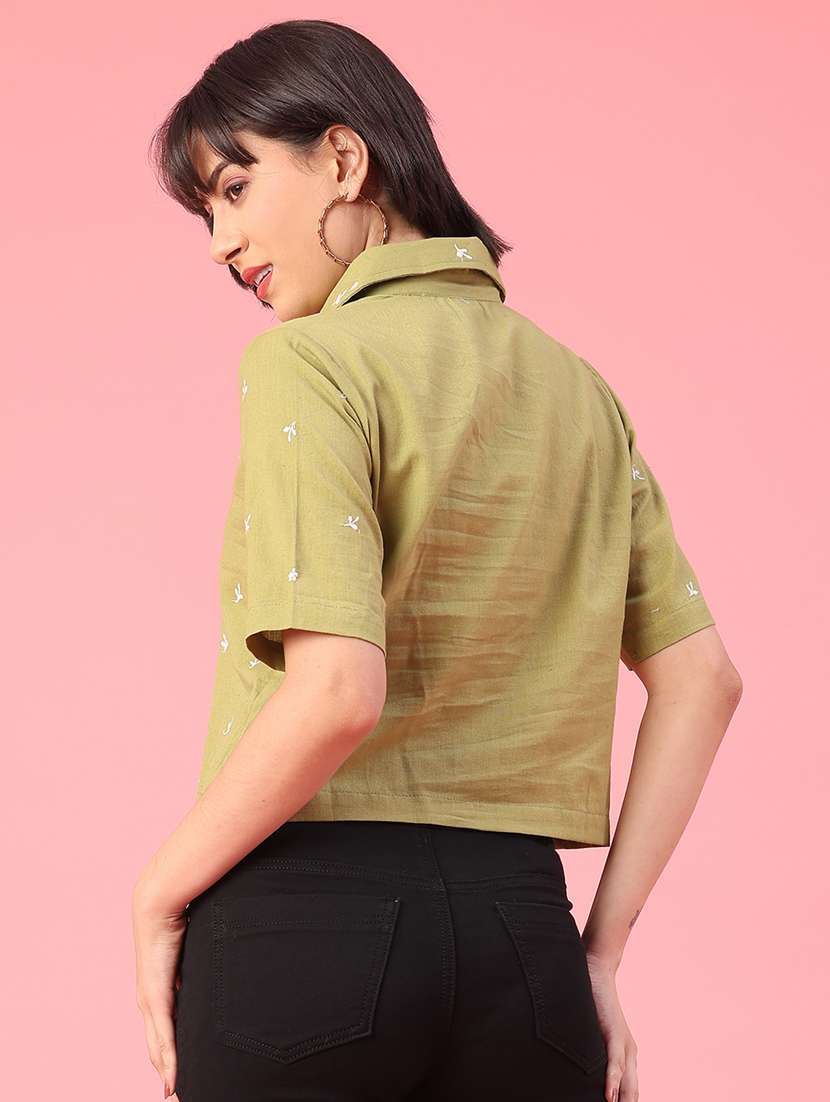 women solid with work collared crop shirt - 22176972 -  Standard Image - 4