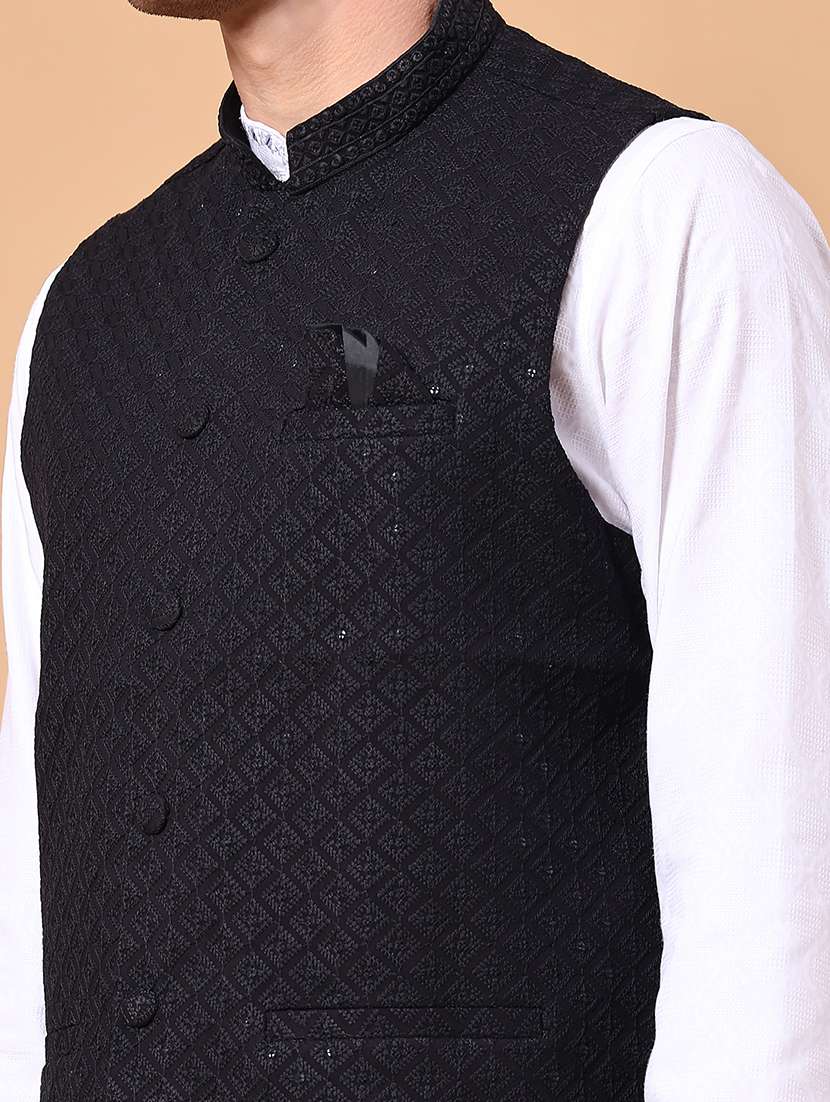 men solid with work mandarin neck nehru jacket - 22176983 -  Standard Image - 1