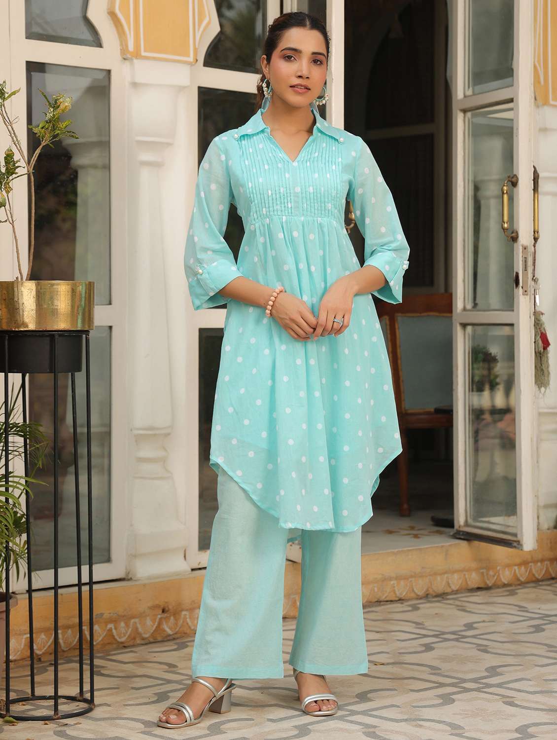 women polka dot three quarter sleeve regular fit ethnic co-ord set - 22177034 -  Standard Image - 1