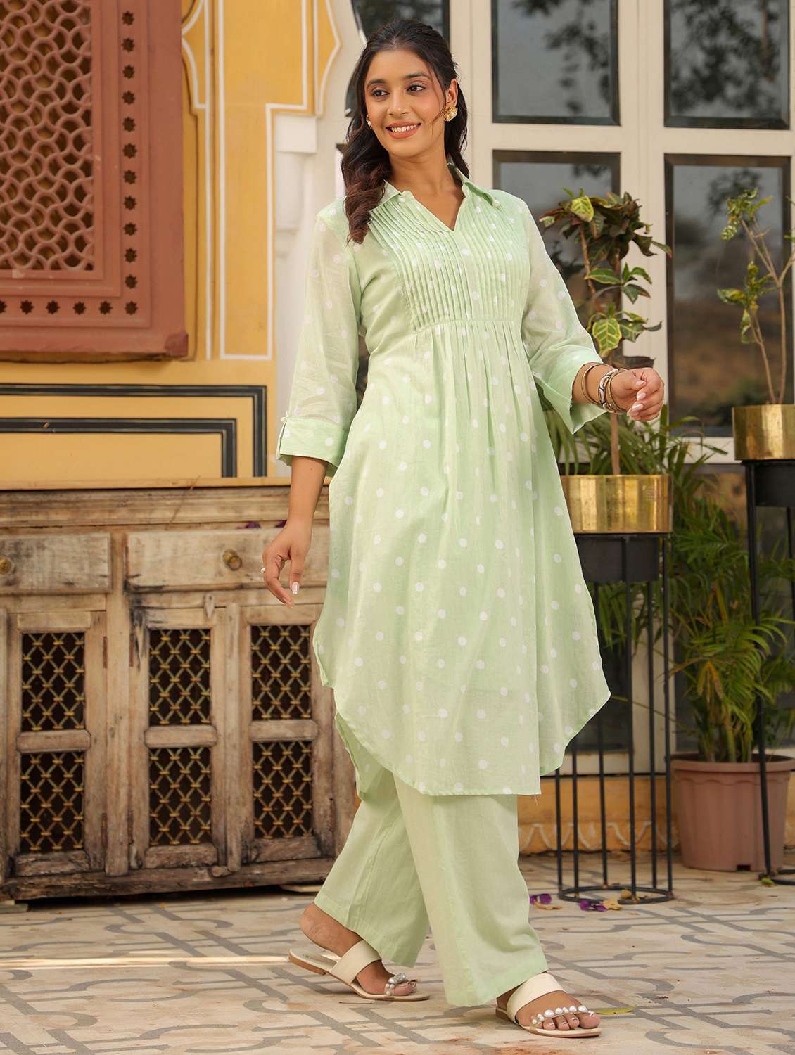 women polka dot three quarter sleeve regular fit ethnic co-ord set - 22177035 -  Standard Image - 1