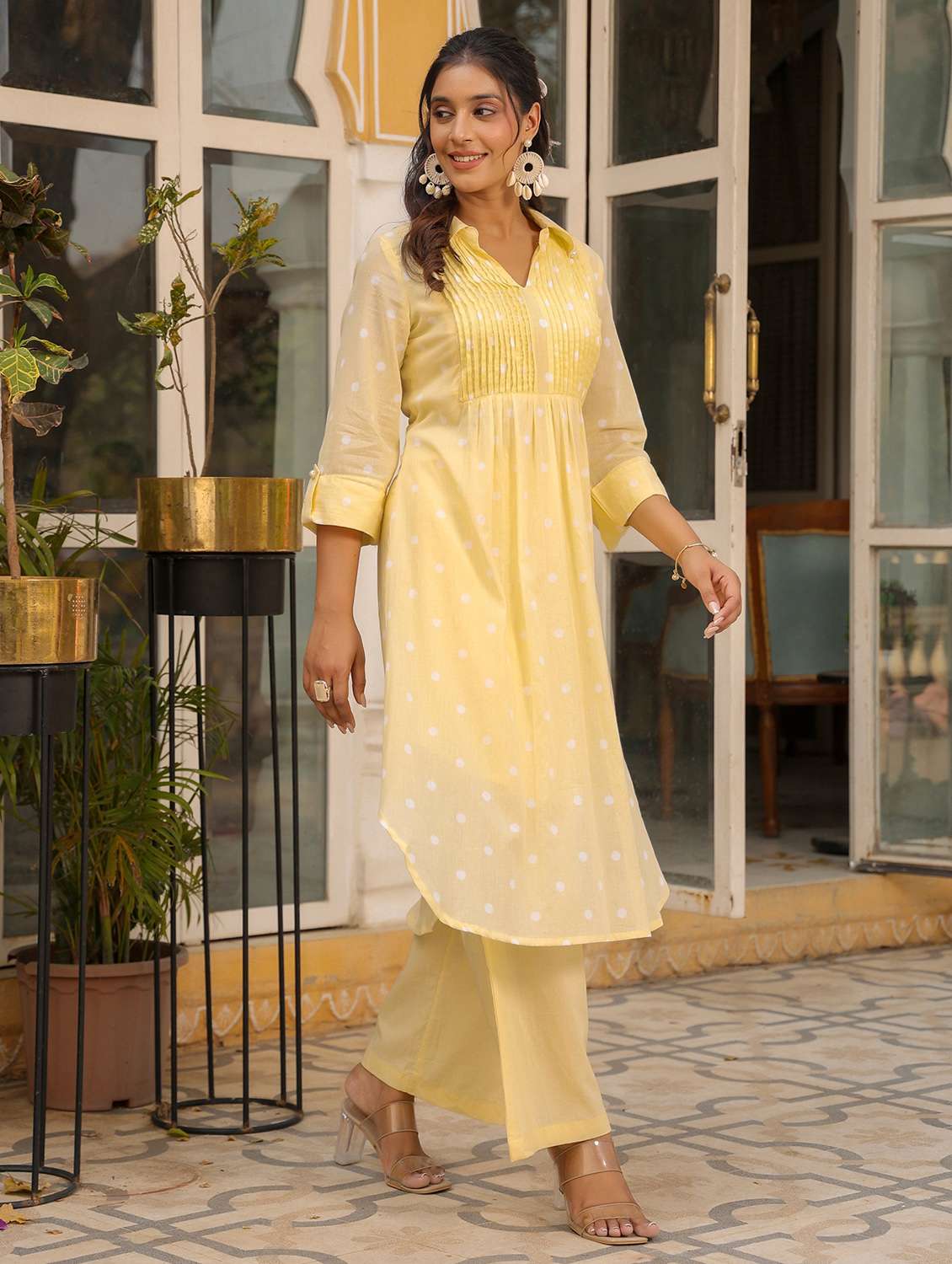 women polka dot printed three quarter sleeve kurta pant set - 22177037 -  Standard Image - 1