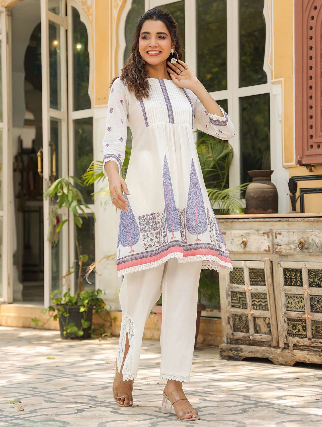 women printed three quarter sleeve regular fit ethnic co-ord set - 22177038 -  Standard Image - 1