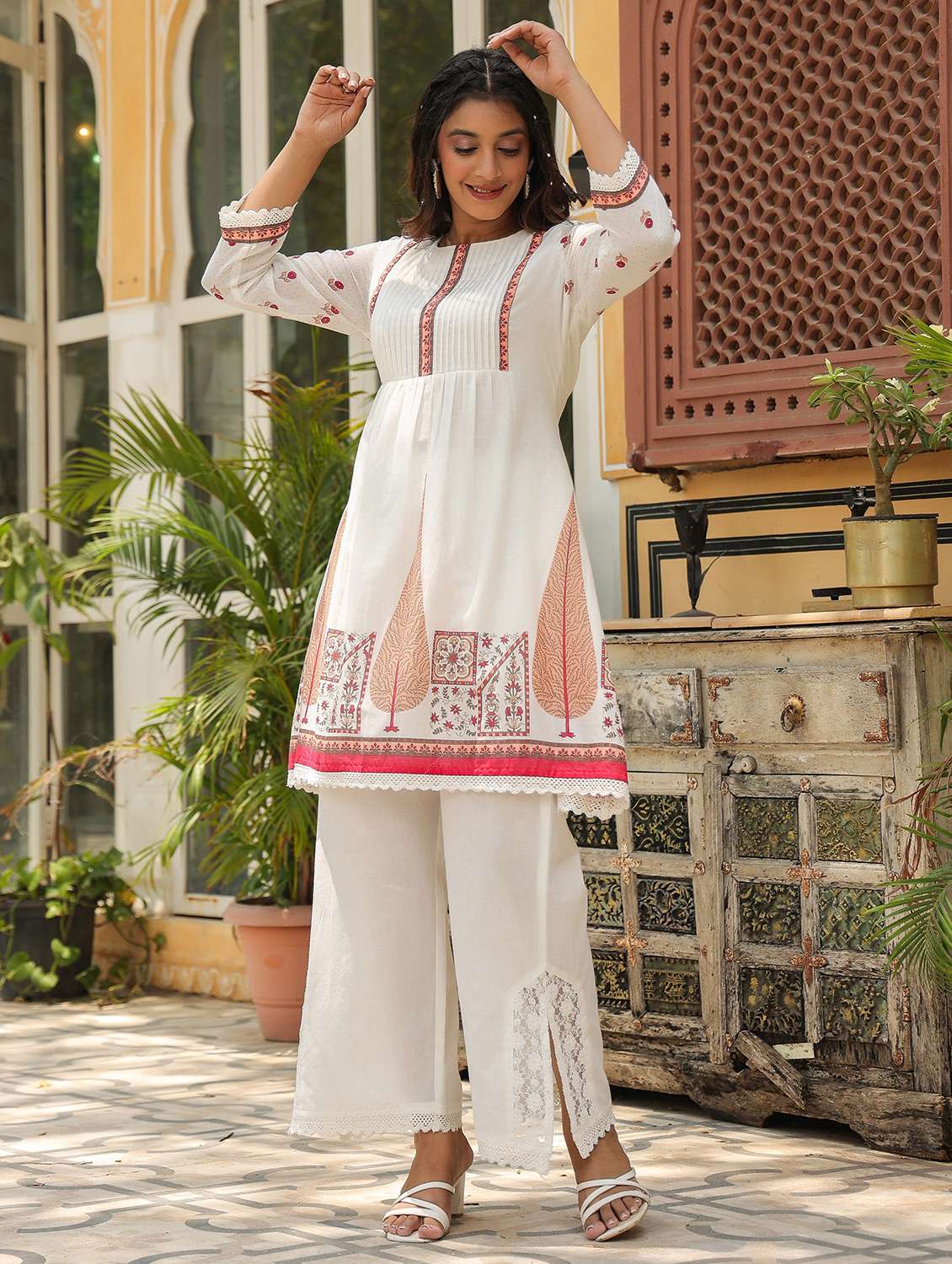 women printed three quarter sleeve regular fit ethnic co-ord set - 22177039 -  Standard Image - 1