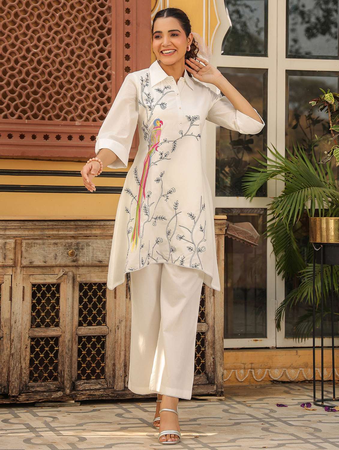 women printed three quarter sleeve kurta pant set
