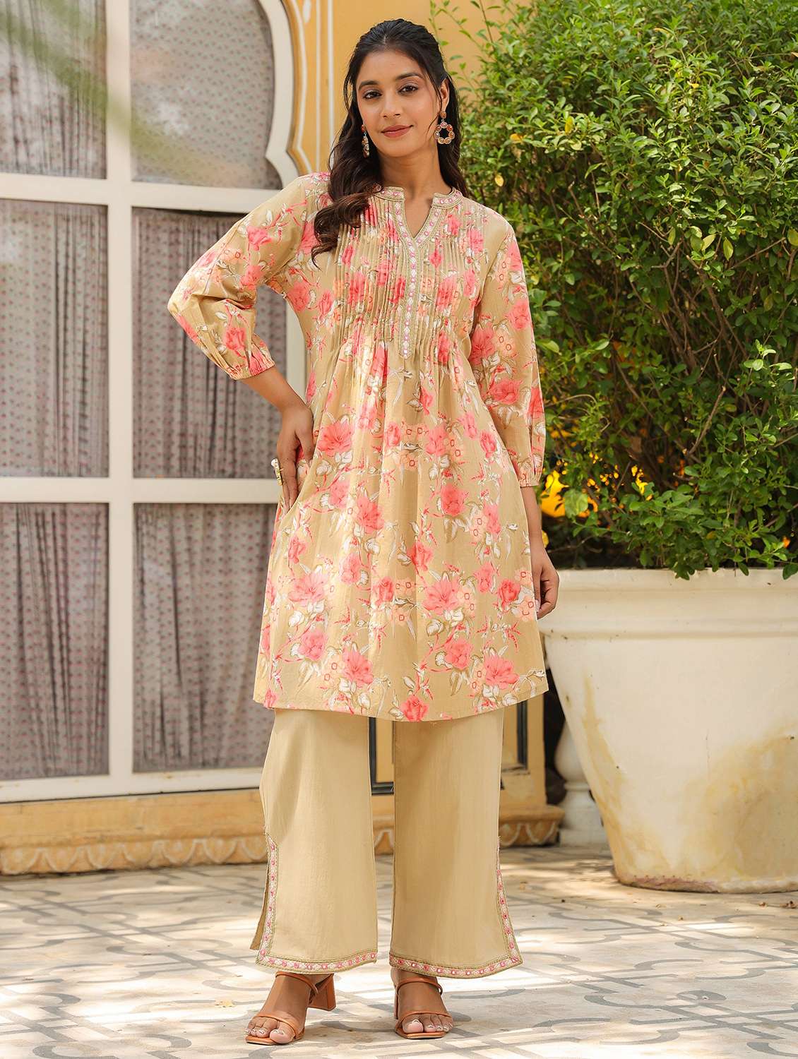 women floral printed three quarter sleeve ethnic co-ord set