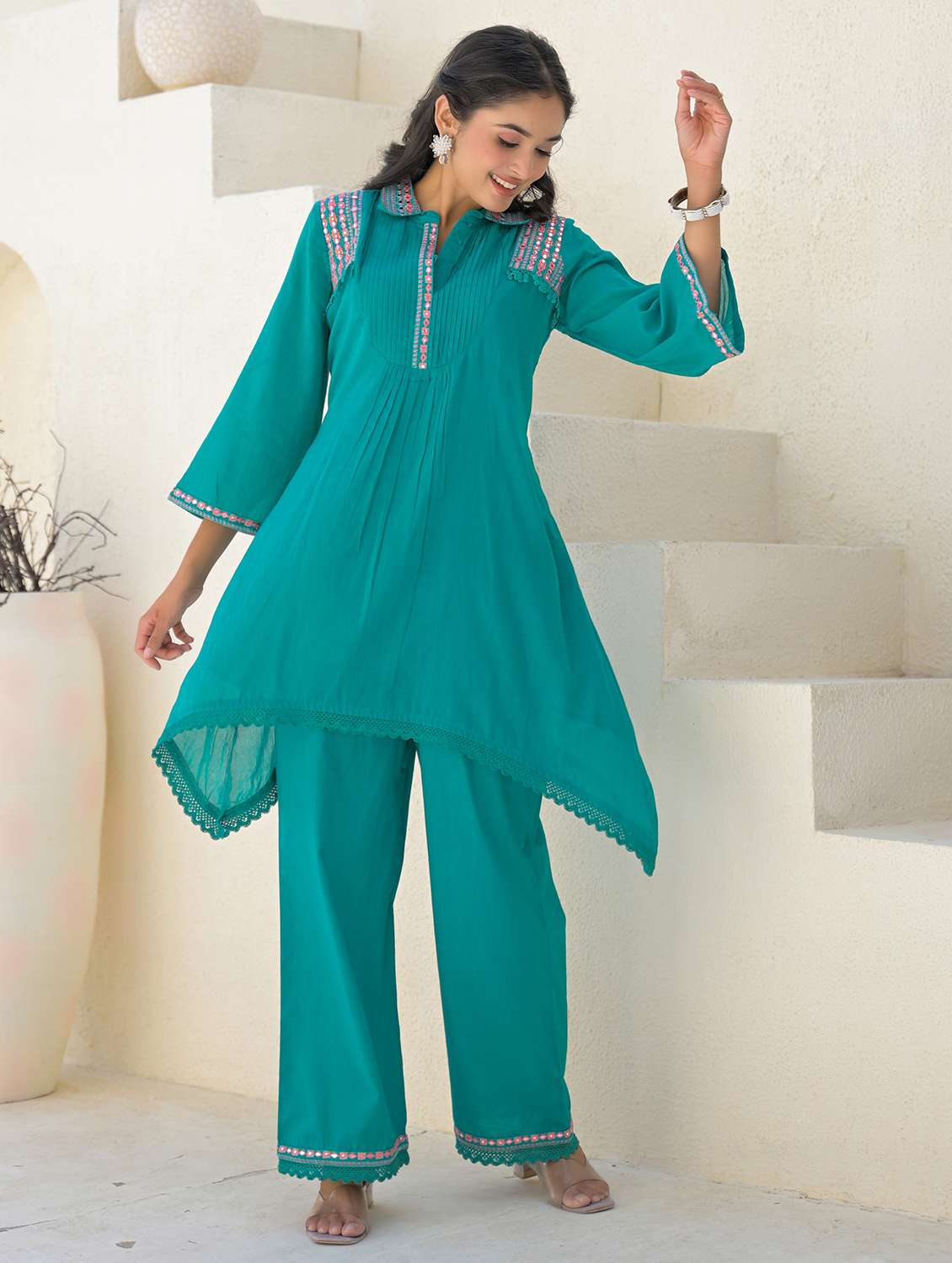 women solid three quarter sleeve regular fit ethnic co-ord set - 22177045 -  Standard Image - 1