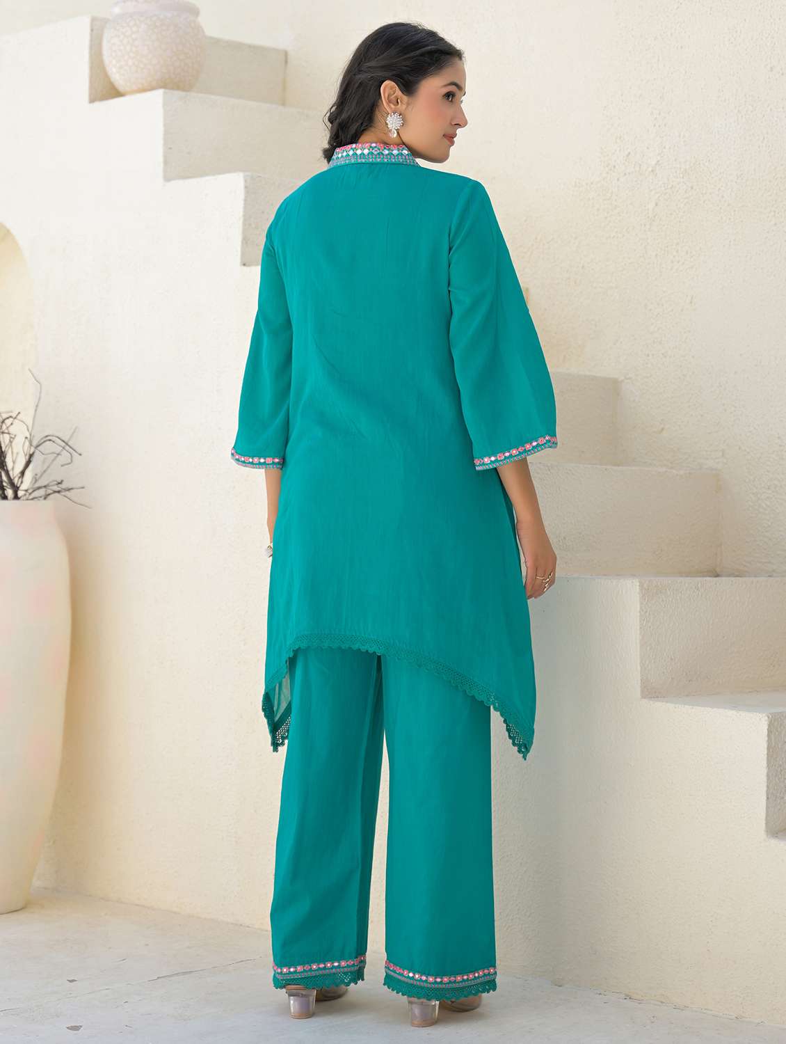 women solid three quarter sleeve regular fit ethnic co-ord set - 22177045 -  Standard Image - 4