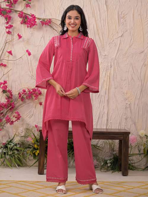 women solid three quarter sleeve regular fit ethnic co-ord set - 22177046 -  Standard Image - 0