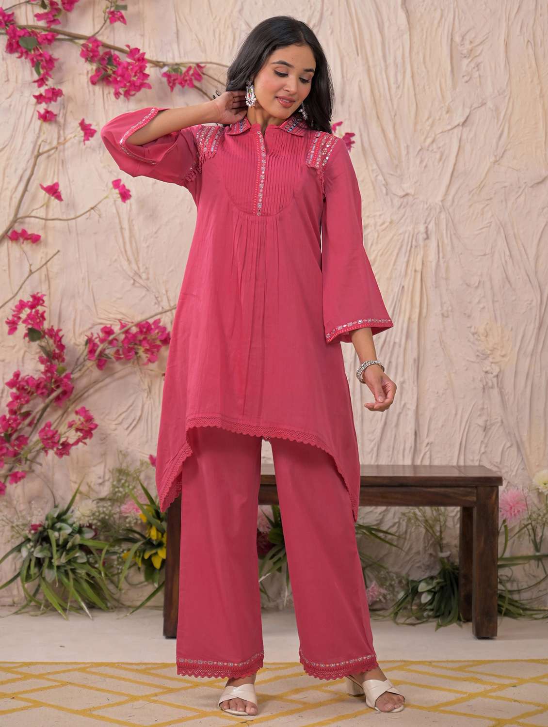 women solid three quarter sleeve regular fit ethnic co-ord set - 22177046 -  Standard Image - 1