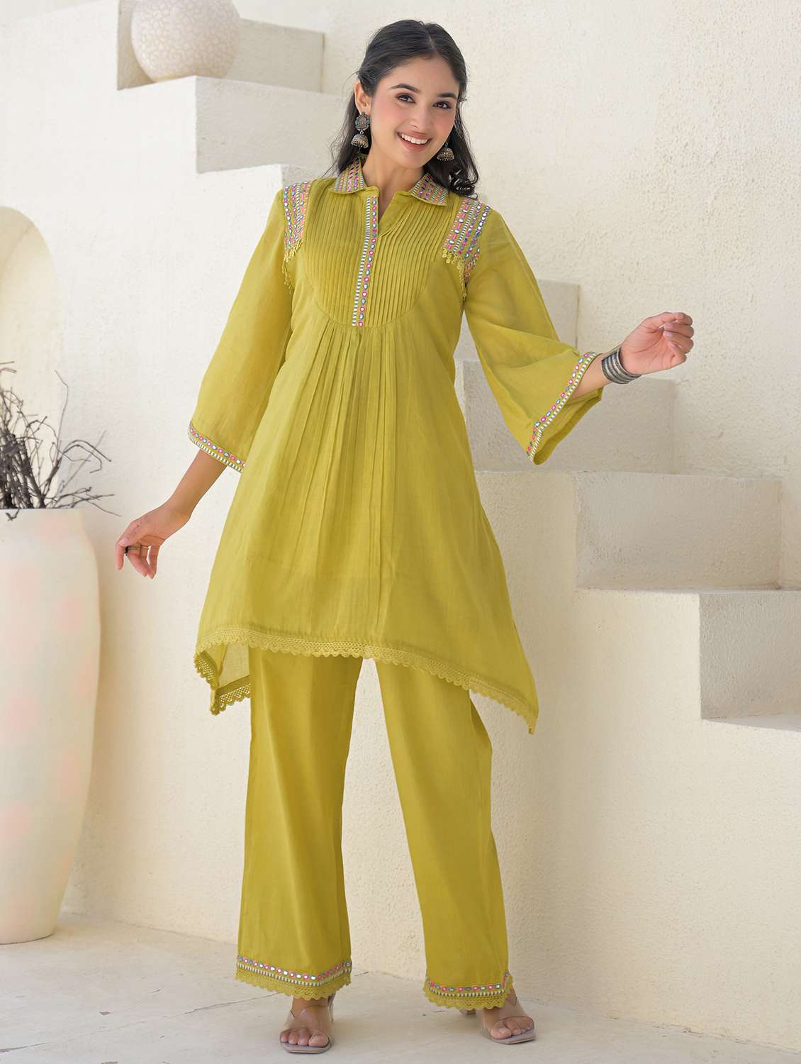 women solid three quarter sleeve regular fit ethnic co-ord set - 22177047 -  Standard Image - 1