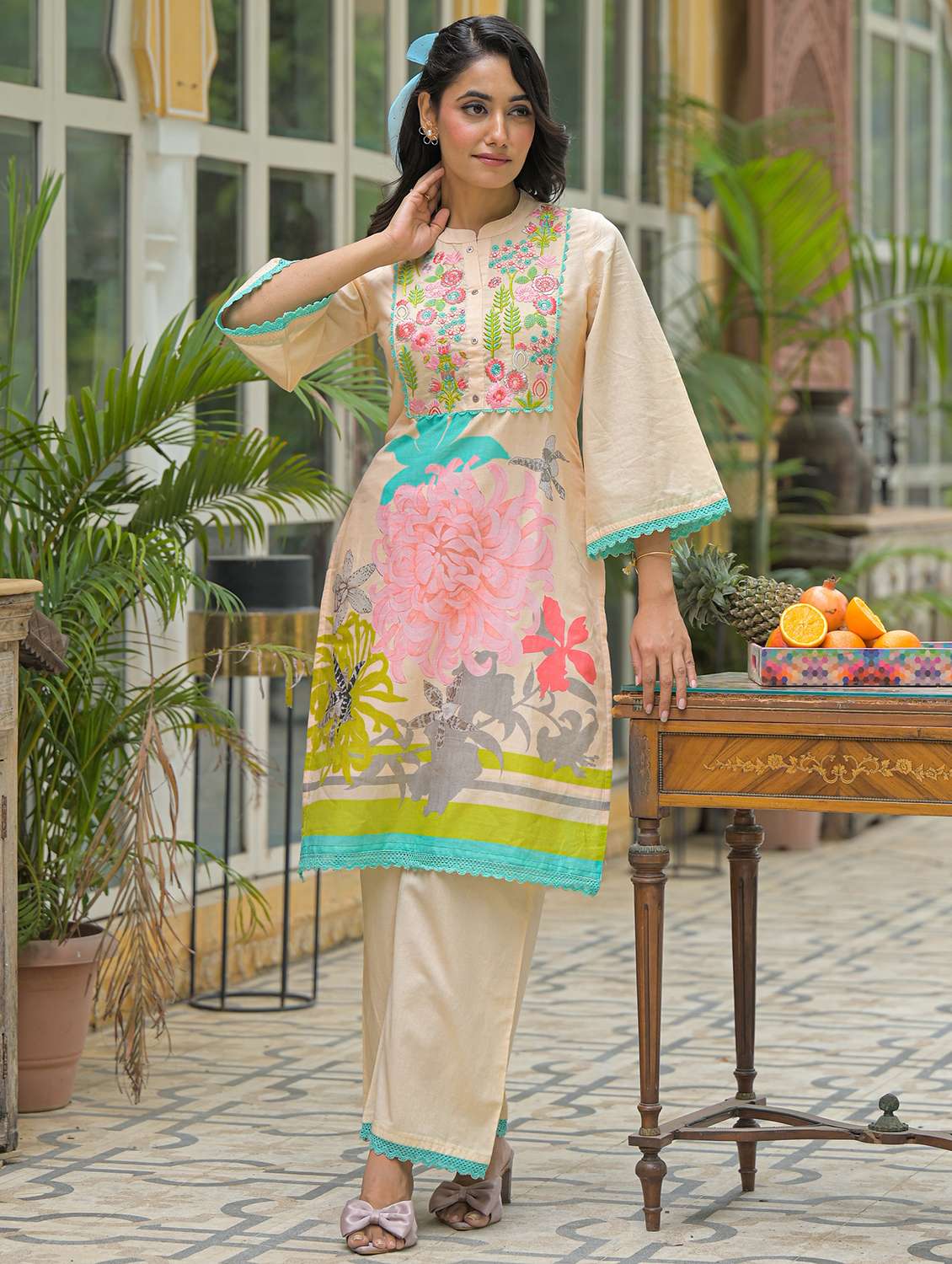 women floral printed long sleeve regular fit ethnic co-ord set