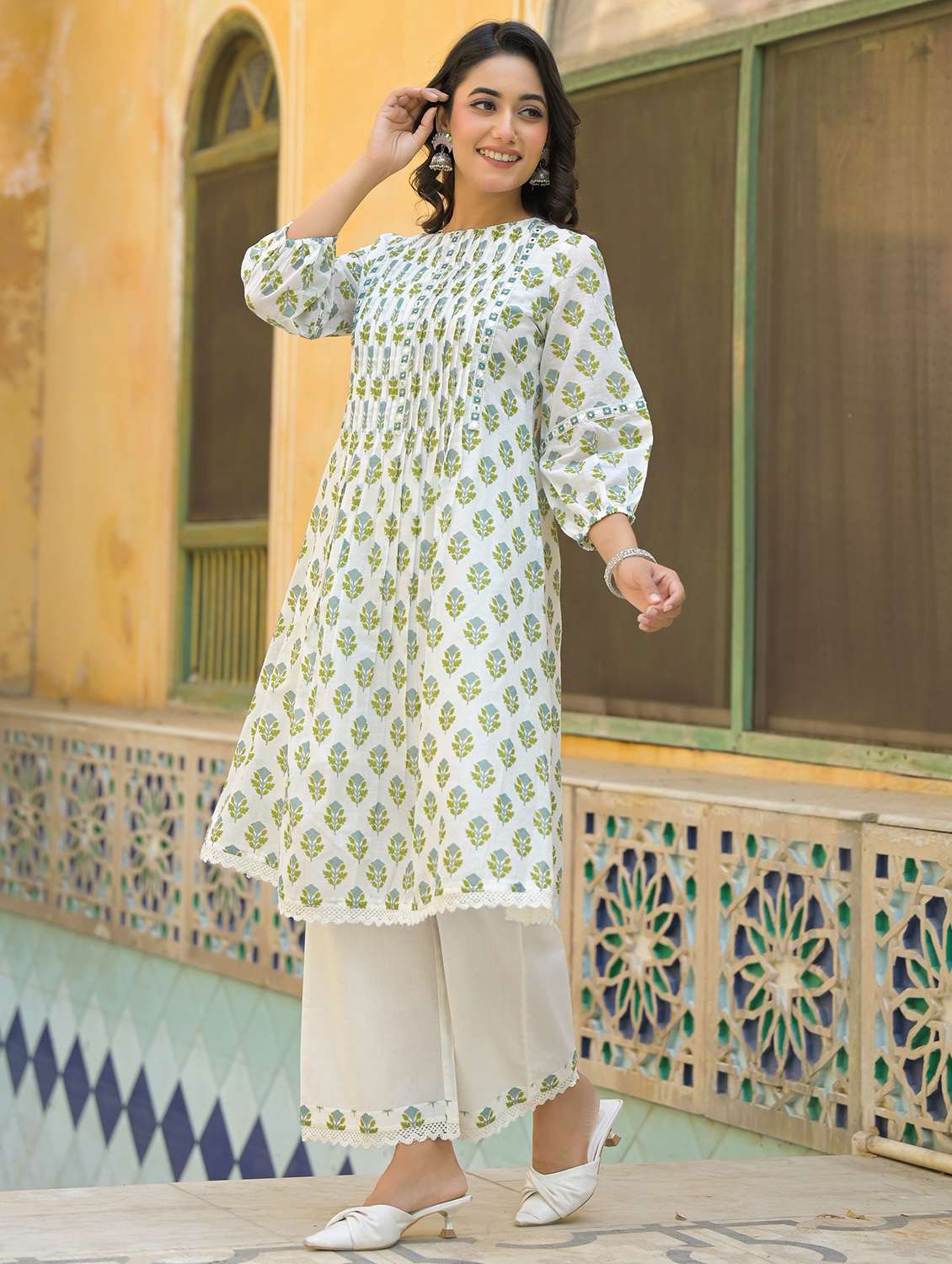 women floral printed three quarter sleeve kurta palazzo set - 22177050 -  Standard Image - 1